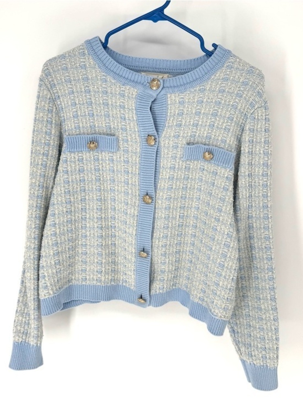 Marled Light Blue feminine Tweed-Style Cardigan Blazer with Gold Buttons